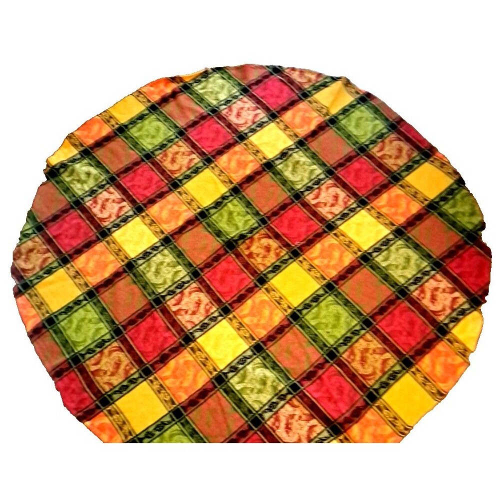Round Chili Pepper Tablecloth Yellow Green Orange Patchwork Plaid Colorful 56"
